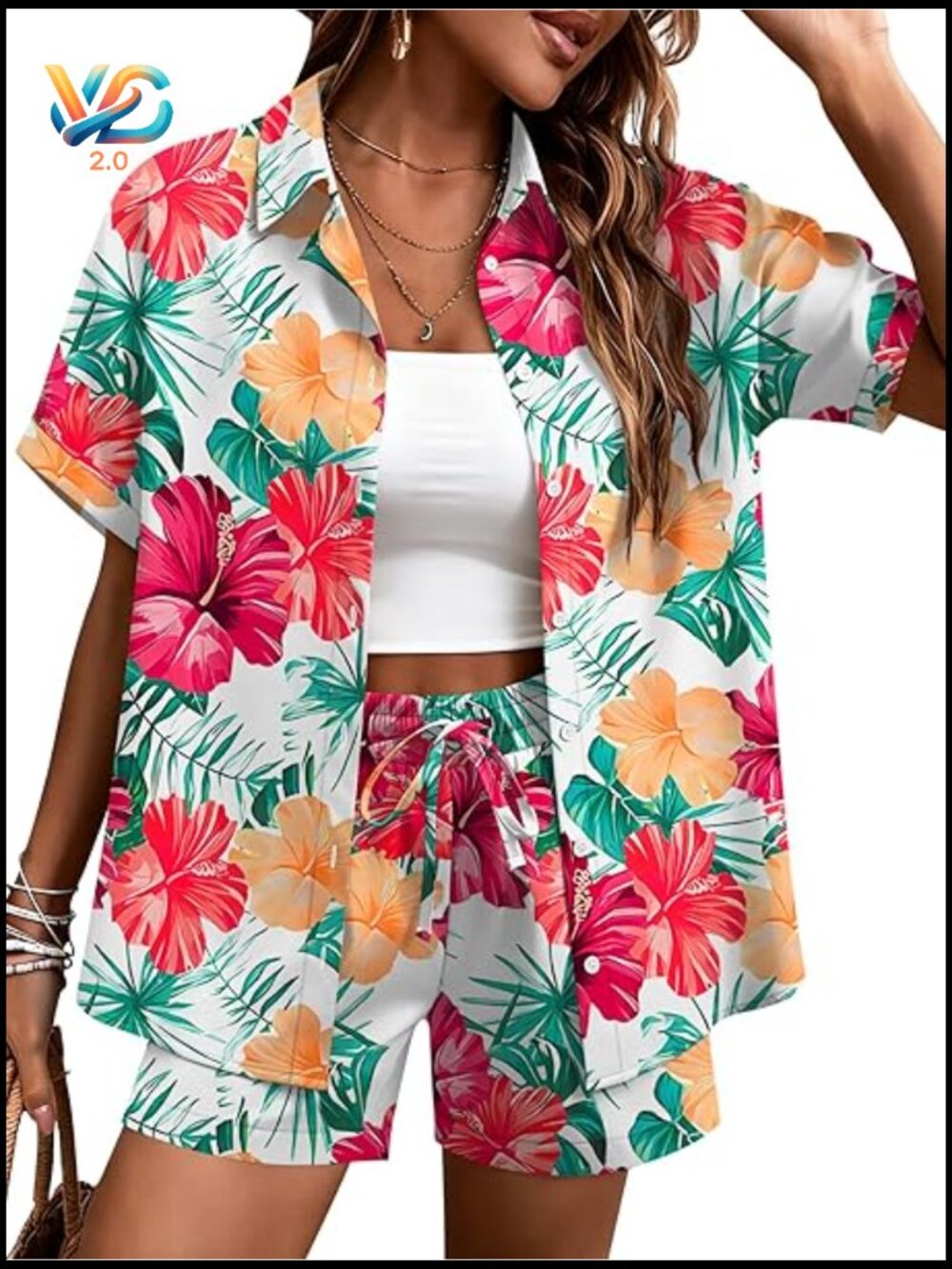 Printed 2 Piece Short Set Vacation Outfits Resort Wear Beach Sets Button Down